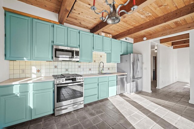 kitchen featuring appliances with stainless steel finishes, beam ceiling, tasteful backsplash, and sink