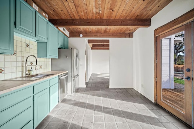 kitchen featuring dishwasher, beamed ceiling, sink, backsplash, and wooden ceiling