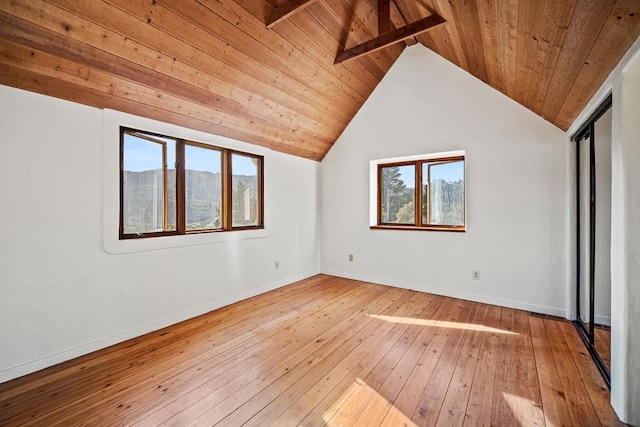 additional living space featuring a mountain view, wooden ceiling, hardwood / wood-style flooring, and lofted ceiling with beams