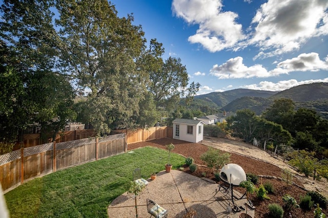 view of yard with a patio area, an outbuilding, and a mountain view