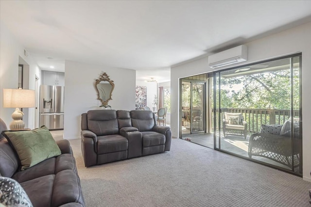 living room featuring an AC wall unit and light colored carpet