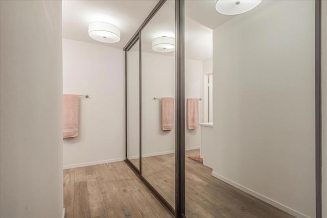 bathroom with hardwood / wood-style flooring