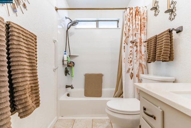 full bathroom with tile patterned flooring, shower / bath combo, toilet, and vanity