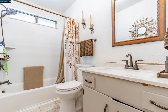 full bathroom featuring tile patterned flooring, vanity, shower / bath combination with curtain, and toilet