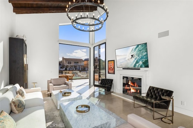 tiled living room featuring beam ceiling, high vaulted ceiling, a chandelier, and wood ceiling