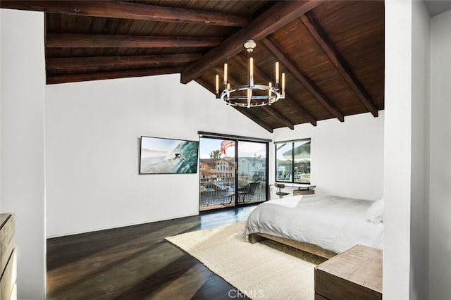 bedroom with an inviting chandelier, lofted ceiling with beams, dark hardwood / wood-style floors, access to outside, and wood ceiling