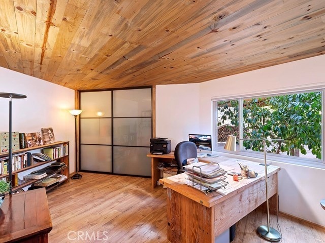 office featuring light hardwood / wood-style flooring and wood ceiling