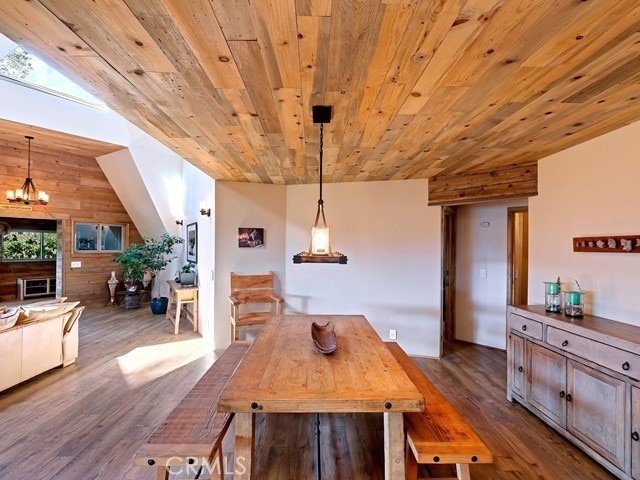 dining room with wooden ceiling, wooden walls, a healthy amount of sunlight, and dark hardwood / wood-style flooring