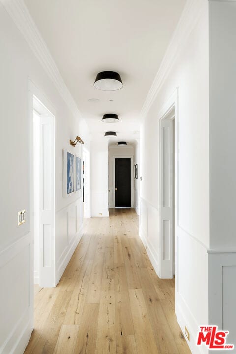 corridor featuring crown molding and light hardwood / wood-style floors