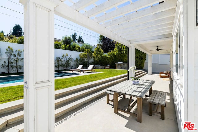 view of patio / terrace with ceiling fan, a fenced in pool, and a pergola