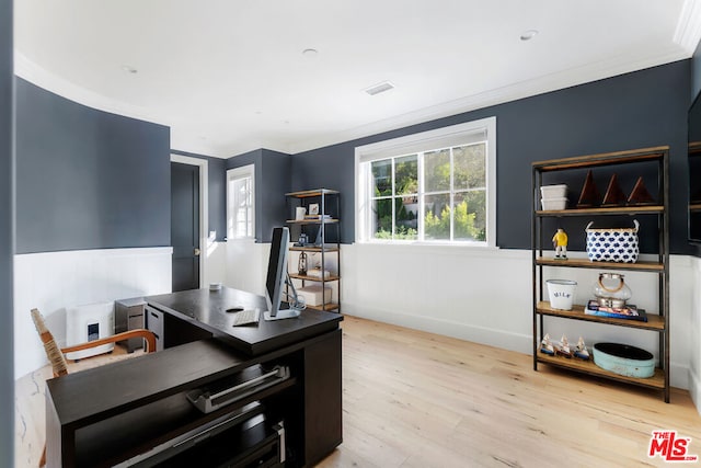 office area featuring light hardwood / wood-style floors and ornamental molding