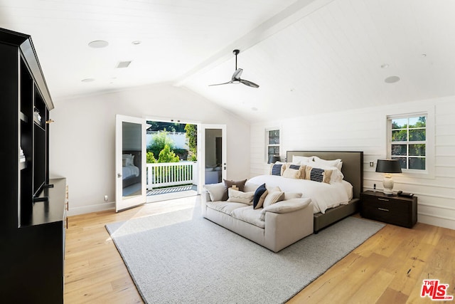 bedroom with access to exterior, lofted ceiling with beams, light hardwood / wood-style floors, and ceiling fan