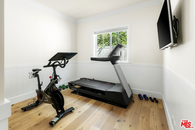 workout area with hardwood / wood-style floors and ornamental molding