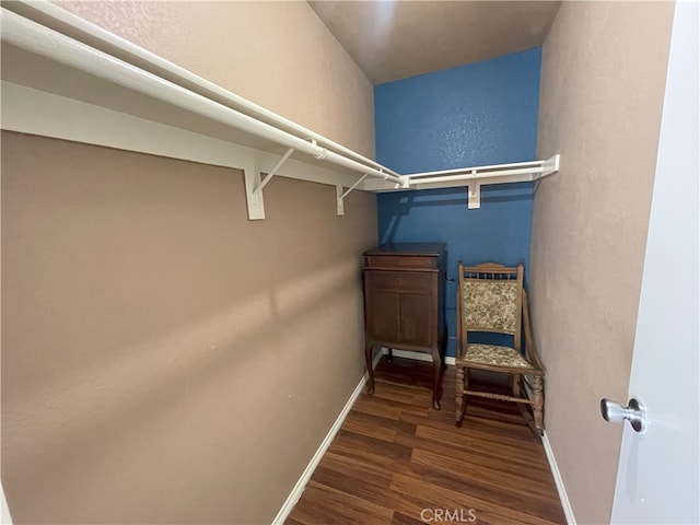 walk in closet with dark wood-type flooring