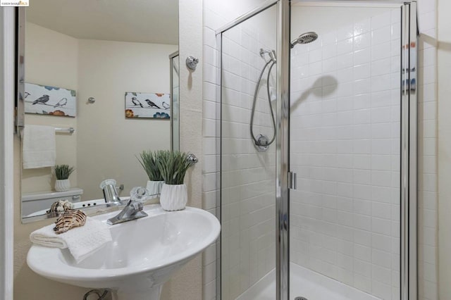 bathroom featuring sink and a shower with shower door