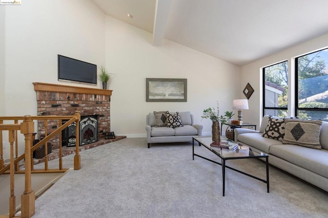 carpeted living room with a fireplace and lofted ceiling with beams