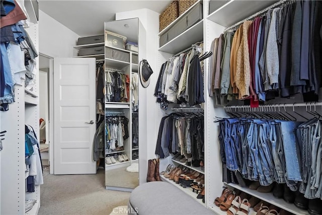 walk in closet featuring light colored carpet