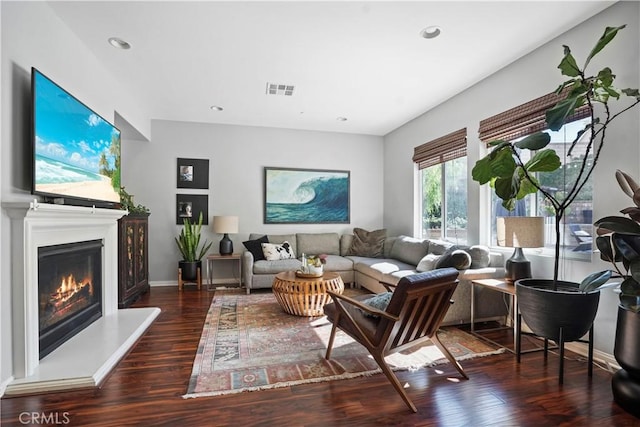 living room with dark wood-type flooring