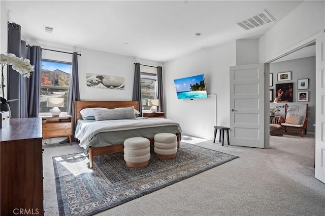 bedroom with multiple windows and light colored carpet