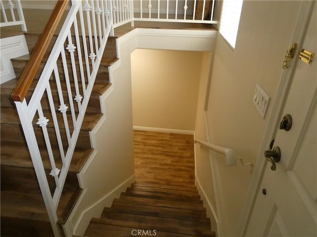 stairway featuring wood-type flooring