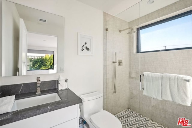 bathroom with a tile shower, vanity, and a wealth of natural light