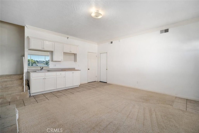 kitchen featuring white cabinets, light carpet, ornamental molding, and sink