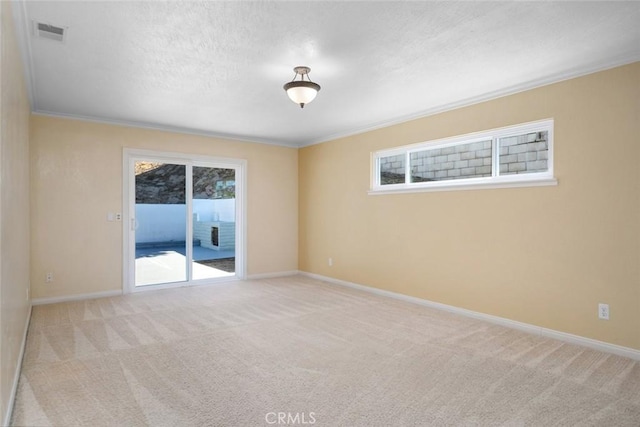 carpeted spare room with crown molding and a textured ceiling