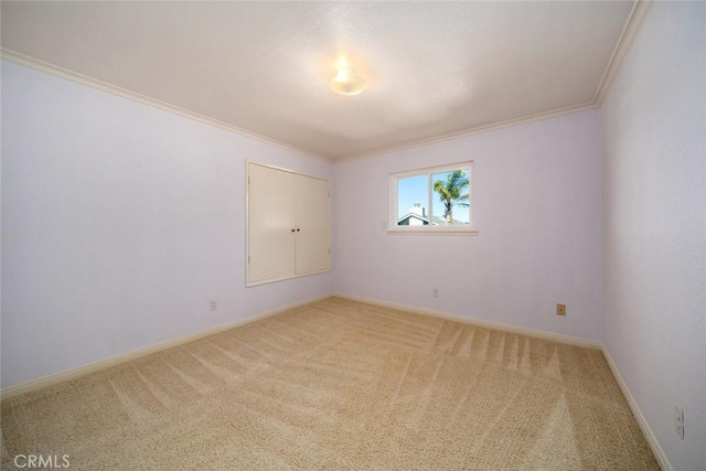 empty room featuring carpet and crown molding