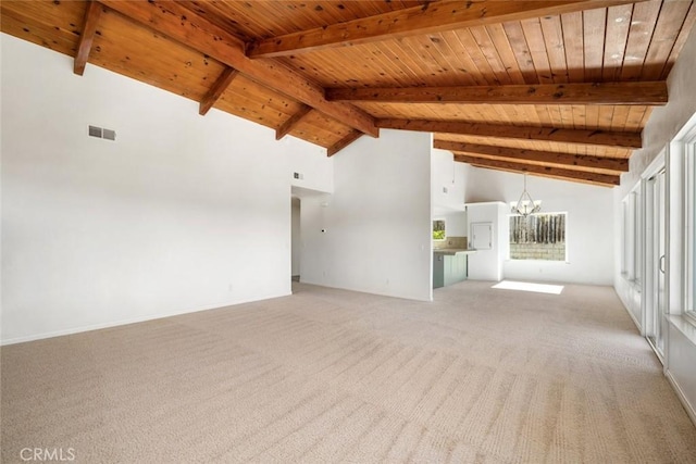 unfurnished living room with high vaulted ceiling, plenty of natural light, beam ceiling, light colored carpet, and wood ceiling