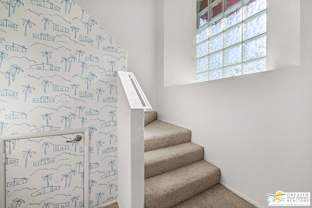 staircase featuring carpet flooring