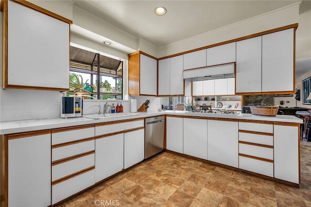 4614 La Subida Pl, Tarzana, CA 91356 - kitchen with dishwasher, under cabinet range hood, stone finish flooring, light countertops, and white cabinetry