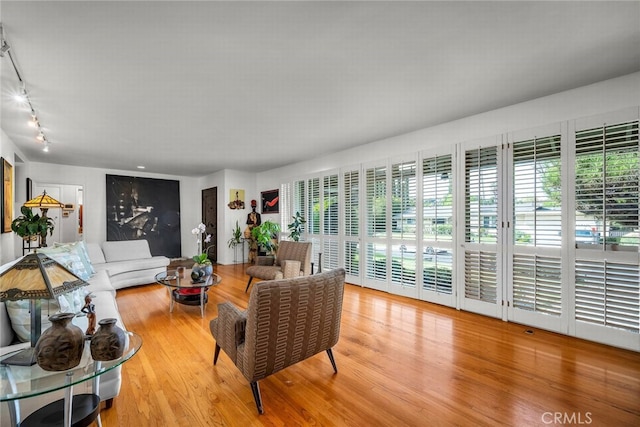 living room with rail lighting and light hardwood / wood-style floors