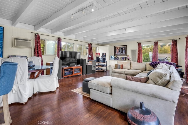 4614 La Subida Pl, Tarzana, CA 91356 - living room featuring a wall unit AC, wood finished floors, beamed ceiling, and rail lighting