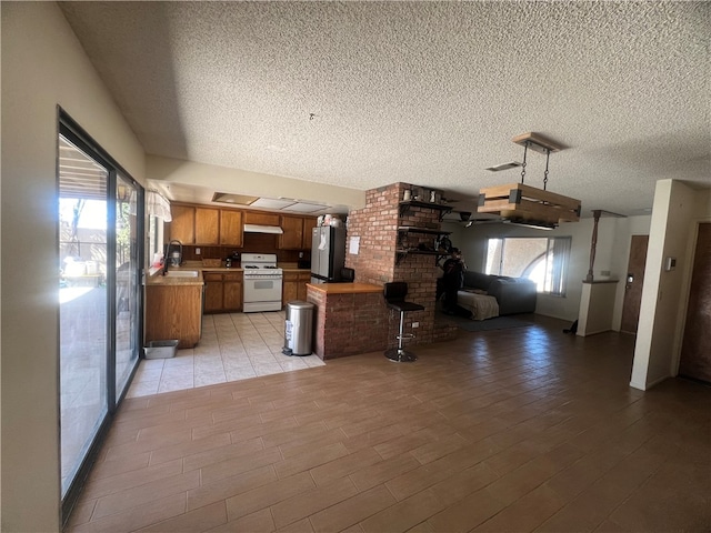 kitchen with stainless steel refrigerator, a healthy amount of sunlight, white gas range oven, and light wood-type flooring