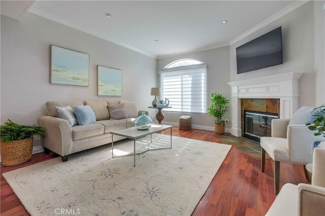 living room featuring ornamental molding, a fireplace, and dark hardwood / wood-style floors