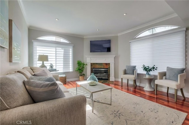 living room with a tile fireplace, ornamental molding, and hardwood / wood-style flooring