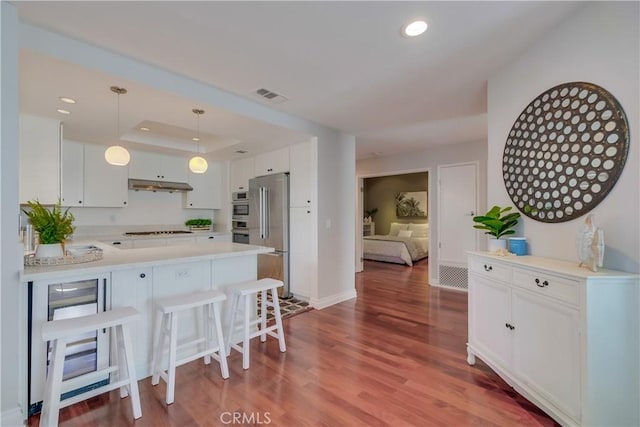 kitchen featuring white cabinetry, high quality fridge, kitchen peninsula, and a raised ceiling