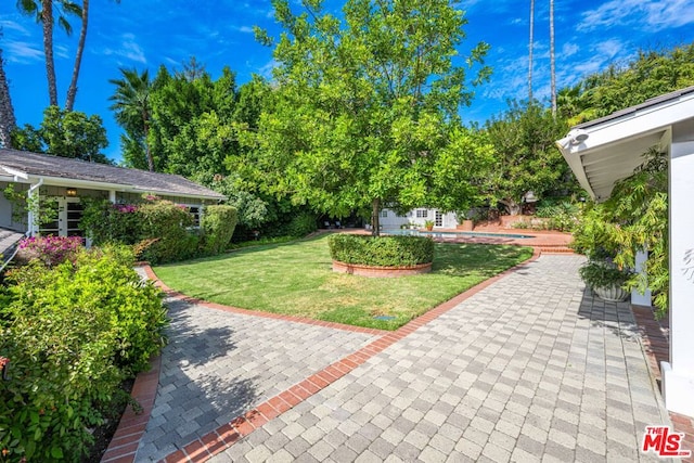 view of yard featuring a pool, an outbuilding, and a patio area