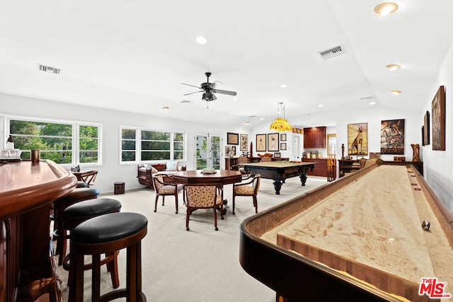 rec room featuring vaulted ceiling, light carpet, pool table, and ceiling fan