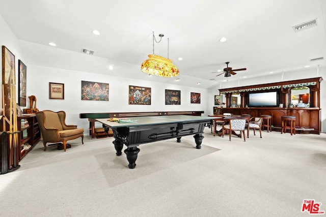 playroom featuring billiards, light colored carpet, ceiling fan, and bar area