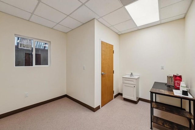 interior space featuring light carpet and a paneled ceiling