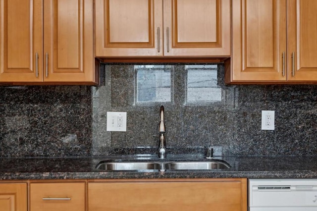 kitchen featuring dark stone countertops, dishwasher, backsplash, and sink