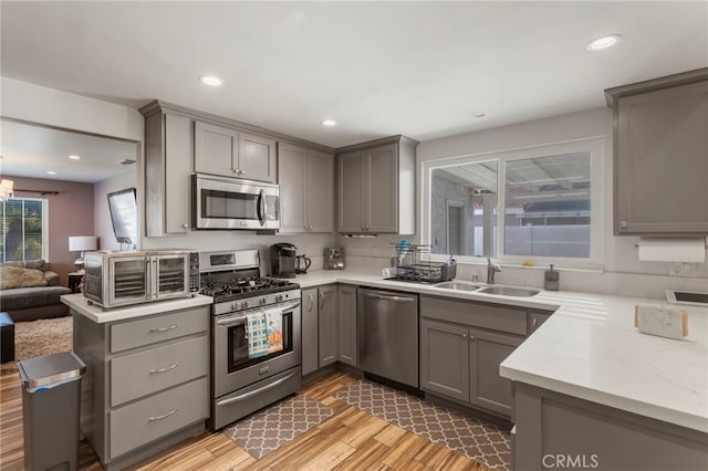 kitchen with light wood-style floors, a sink, appliances with stainless steel finishes, and gray cabinetry
