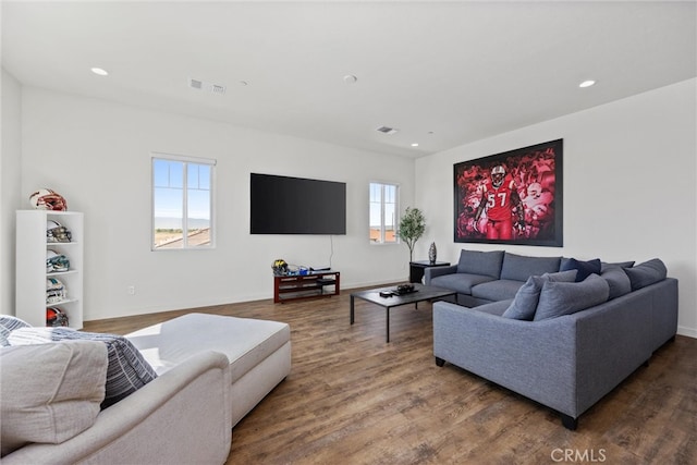 living room with a wealth of natural light and hardwood / wood-style flooring