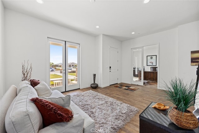 living room featuring french doors and light hardwood / wood-style flooring