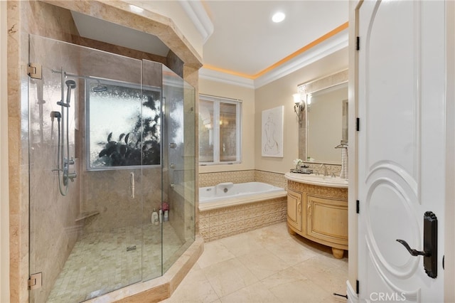 bathroom with tile patterned floors, crown molding, vanity, and independent shower and bath