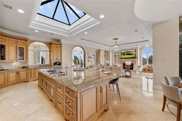 kitchen with backsplash, a kitchen island with sink, a wealth of natural light, and a tray ceiling