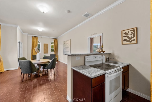 kitchen featuring dark wood-type flooring, sink, light stone countertops, ornamental molding, and white electric range oven