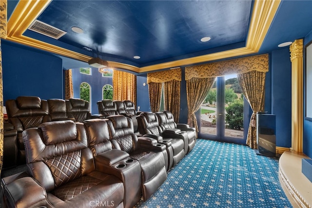 cinema room with a raised ceiling