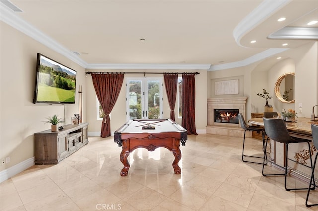 rec room featuring pool table, french doors, and ornamental molding